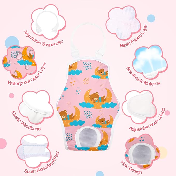 3 Pack Washable Female Dog Diapers with Adjustable Suspender, Reusable Sanitary Panties for Dogs in Heat, Leak-Proof Design for Newborn Dogs(S, Cute Animals)