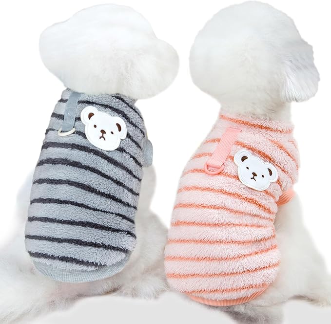 Pet Pullover Dog Sweater Striped Winter Puppy Clothes for Small Dogs Cats Warm Dog Knitwear Outfits Doggy Knitted Clothing with D-Ring, 2 Pack, Pink Grey, Medium