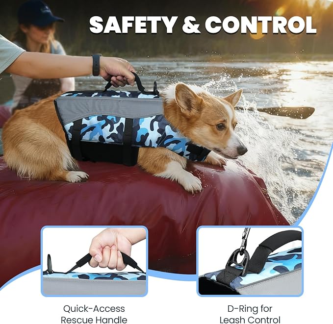 VIVAGLORY Front Float Dog Life Vest, Dog Life Jacket for Swimming & Boating, Swimming Vest with Chin Float & Handle, Ripstop & Buoyancy for Puppy Doggy, M, Camo Blue