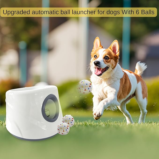 Automatic Ball Launcher for Dogs ，The Upgraded Ball Thrower Adjustable Distance 20-45ft Including 6 PCS 2.3-inch Sized ETPU Balls, Interactive Dog Toys Suitable for Small to Medium Sized Dogs