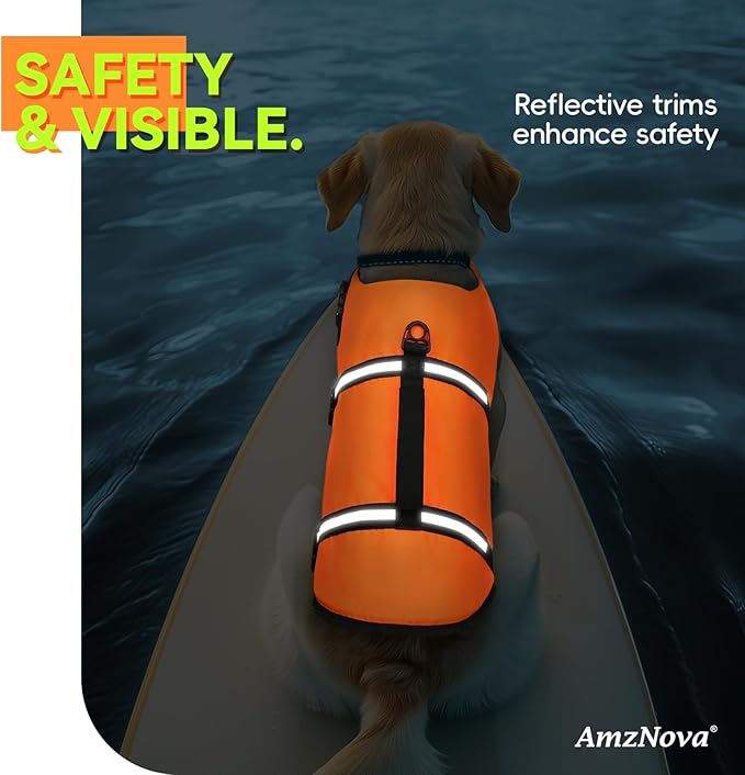 AMZNOVA Rip Stop Dog Life Jacket, Dog Life Vest for Swimming & Boating, Lightweight & Buoyancy for Doggy Puppy, Lifejacket with Handle, XS, Bright Orange