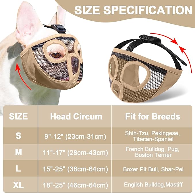 Short Snout Dog Muzzles- Adjustable Breathable Mesh Bulldog Muzzle for Biting Chewing Licking Training Grooming Dog Mask (Khaki, Large/15-25")