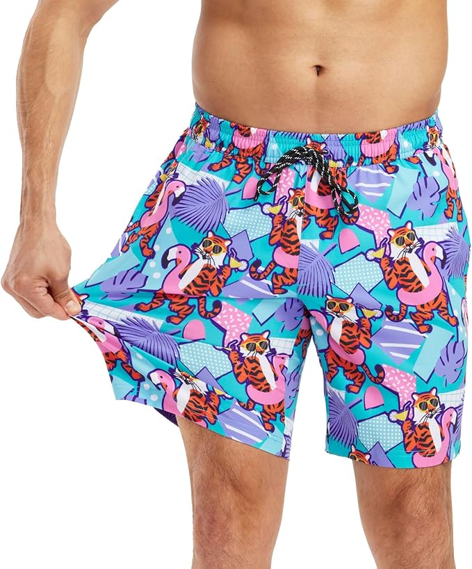 Tipsy Elves Men's Stretch Swim Trunks 7 Inch Inseam 4-Way Stretch with Mesh Liner - Quick-Dry Funny Swimwear Bathing Suit