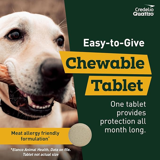 Credelio Quattro Dog Flea & Tick Treatment + Heartworm & Parasite Protection, 50.1-100 lbs (1 Chewable Tablet)