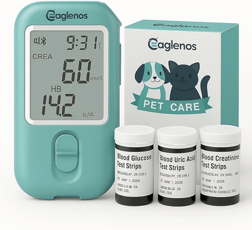 3-in-1 Veterinary Pet Health Monitor for Dogs & Cats – Includes 25 Creatinine, 25 Uric Acid & 25 Glucose Test Strips, Fast Results with Low Blood Sample, Professional Animal-Use Only Test Kit