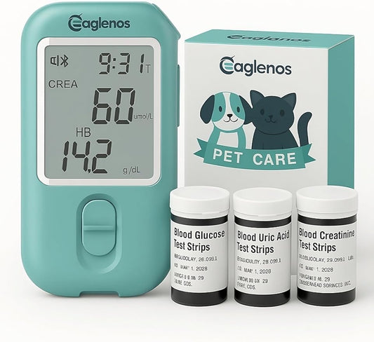 3-in-1 Veterinary Pet Health Monitor for Dogs & Cats – Includes 25 Creatinine, 25 Uric Acid & 25 Glucose Test Strips, Fast Results with Low Blood Sample, Professional Animal-Use Only Test Kit