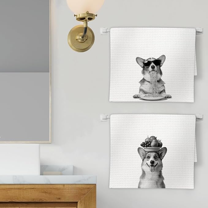 Corgi Gifts Funny Dog Kitchen Towels Set of 2, Funny Dog Eating Pasta with Fruit Bowl Decorative Hand Dish Towel for Kitchen Home Bar, Gifts for Corgi DogLovers Owners Home Decor(16x24Inch)
