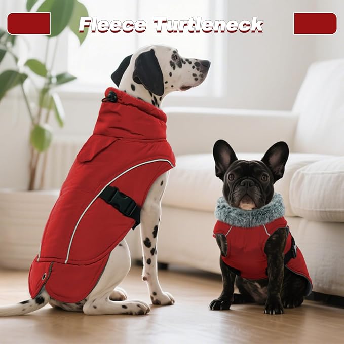 DENTRUN Winter Warm Dog Coat Reflective Jacket with Turtleneck for Cold Weather, Adjustable Buckle Windproof Water Repellent, Thick Snowsuit Fleece Vest for Small, Medium, Large Dogs, Red, M