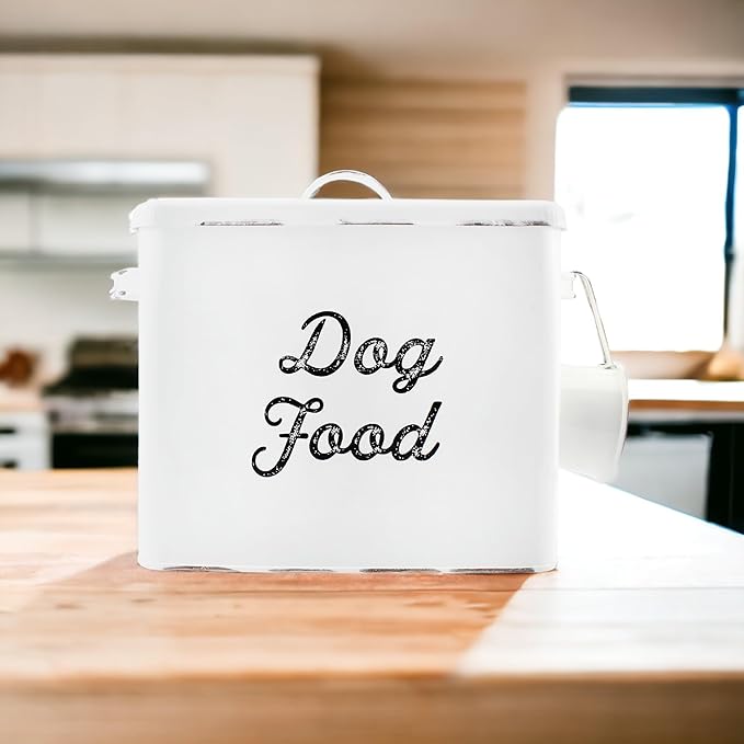 AuldHome Design Rustic Dog Food Canister, White Farmhouse Style Storage Bin for Small Dogs