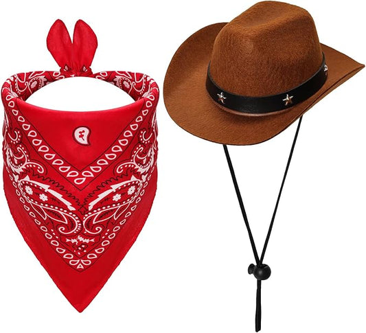 Fumwase Pet Cowboy Costume Halloween Costumes for Dogs Cat Puppy Hats with Bandana Scarf Cowboy Costume Accessories Dog Cat for Party Festival and Daily Wearing (Brown hat + Red, Large)