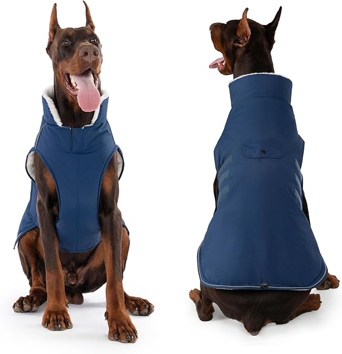 Mklhgty Extra Warm Dog Coat, Waterproof Dog Winter Jacket with Leash Portal, Fleece Reflective Pet Snow Vest for Small Medium Large Dogs - Blue - L
