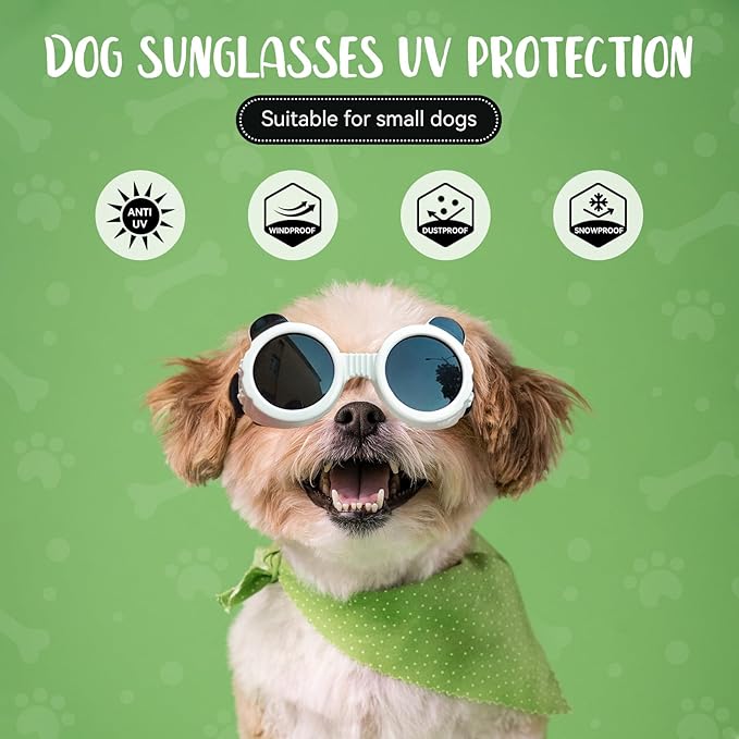 Enjoying Dog Goggles Extra-Small to Small Breeds, Dog Sunglasses UV Protection, Driving Eye Protection for Little Dogs, Breathable Windproof Dustproof Anti-Fog, Adjustable Straps, Panda White
