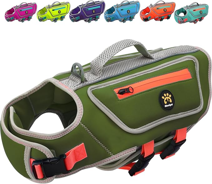 Dog Life Jacket for Small Dogs with High Buoyancy, Lightweight Dog LifeVest for Swimming Adjustable Reflective Dogs Floating Vest, Neoprene Rescue Handle Pet Life Preserver, Dark Green, XS