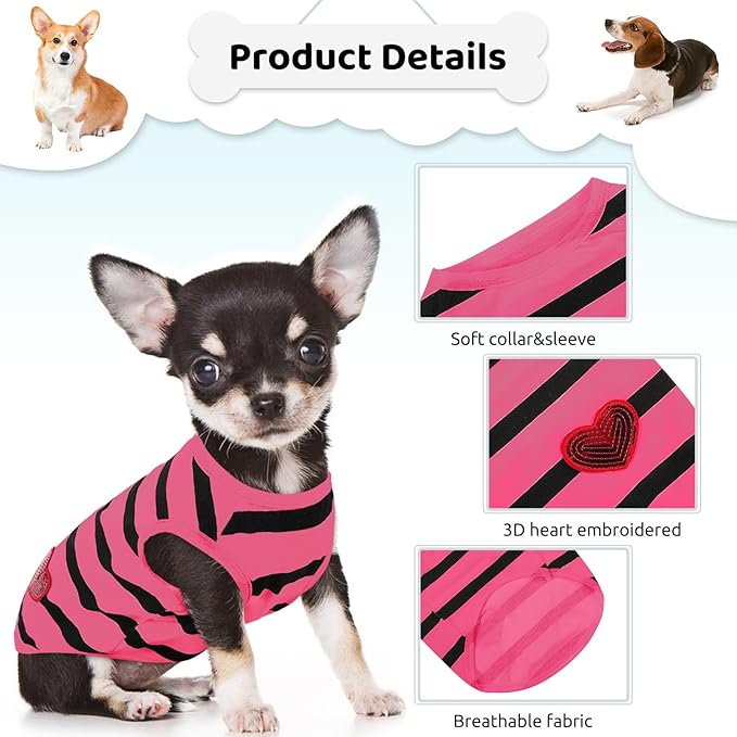 Dog Striped T-Shirts, Dog Vest, Pet Apparel, Tee Shirts, Suitable for Small, Medium, Large Pets, French Bulldog, Bichon, Rose L