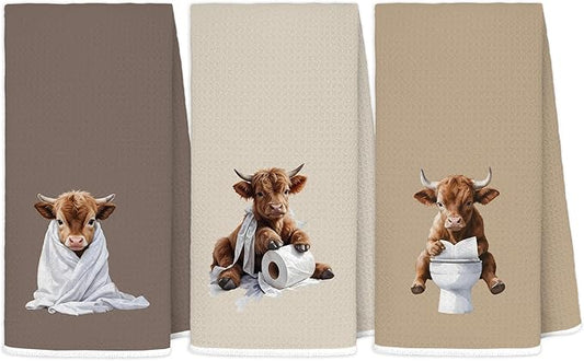 Highland Cow Bathroom Decor Hand Towels, Highlander Cow Gifts, Funny Bathrobe Toilet Heifer Decorative Hand Towels for Kids Guest Bathroom Washroom Half Bath, 16x24 Inch Set of 3