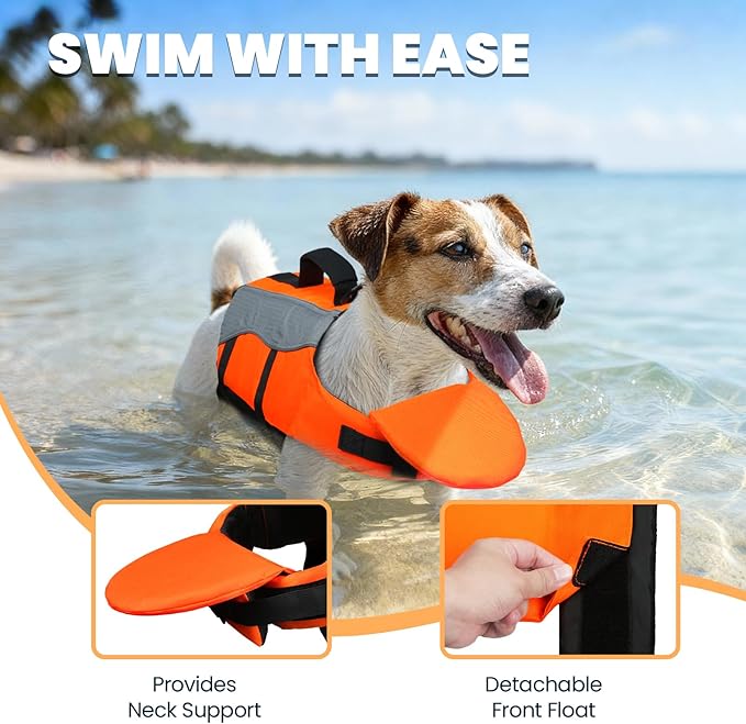 VIVAGLORY Front Float Dog Life Vest, Dog Life Jacket for Swimming & Boating, Swimming Vest with Chin Float & Handle, Ripstop & Buoyancy for Puppy Doggy, XS, Bright Orange