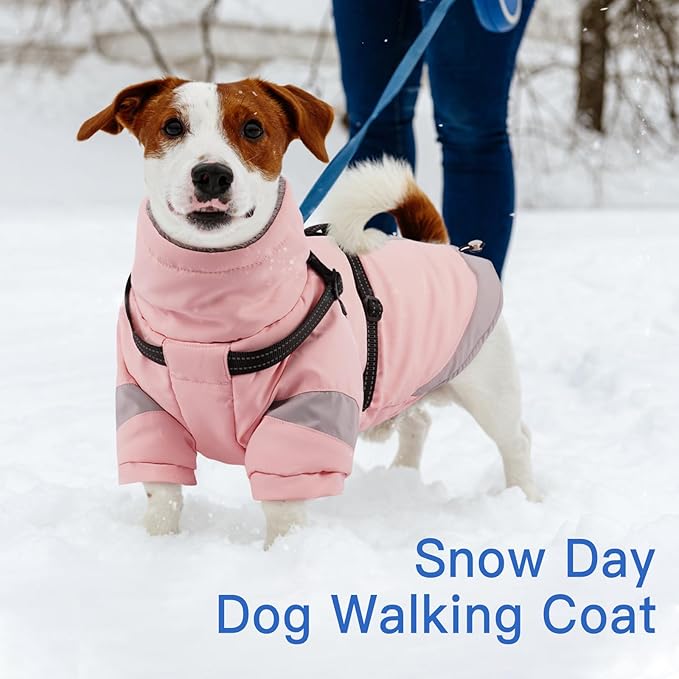 XS Dog Winter Coat with Harness Built in - Turtleneck with Sleeves| Reflective Water-Repellent Jackets for Cold Night,Warm Snow Suit for Snowy Day,Chihuahua (Light Pink)