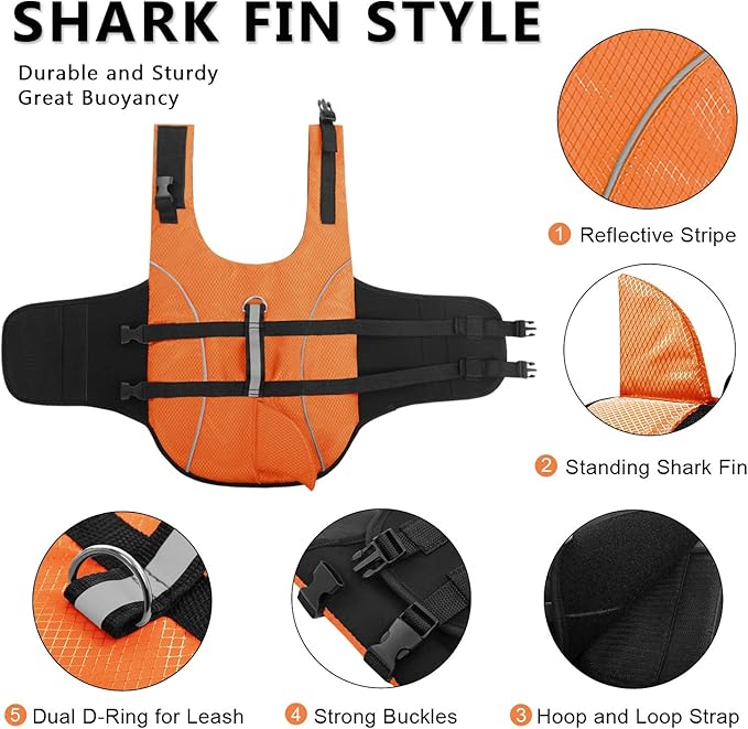 Ripstop Dog Life Jacket Shark Life Vest for Dogs, Safety Lifesaver with High Buoyancy and Lift Handle for Small and Medium Breeds（Orange XS）