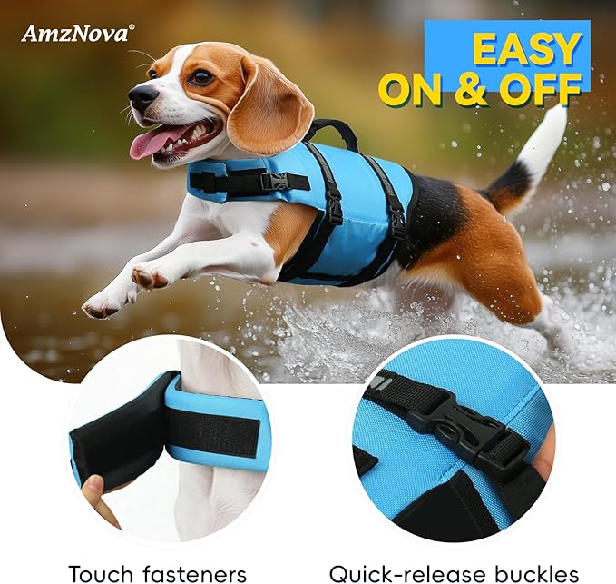 AMZNOVA Rip Stop Dog Life Jacket, Dog Life Vest for Swimming & Boating, Lightweight & Buoyancy for Doggy Puppy, Lifejacket with Handle, L, Blue