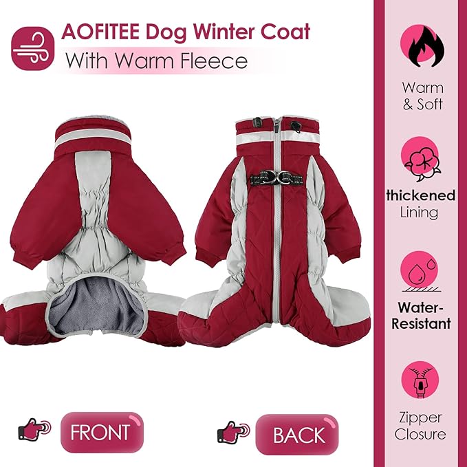 AOFITEE Fullbody Dog Coat Warm Fleece Dog Jacket, Windproof Dogs Winter Coat with Harness Built in, Reflective Turtleneck Dogs Snowsuit Puffer Jacket, Four Legged Pet Snow Suit, Christmas Red M