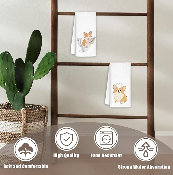Funny Corgy Bathroom Hand Towels Set of 2, Kids Bathroom Decor, Corgi Lovers Gifts, Cute Dog Hand Towels for Bath Room Washroom Toilet, Dog Lover Mom Gifts, 16x24 Inch