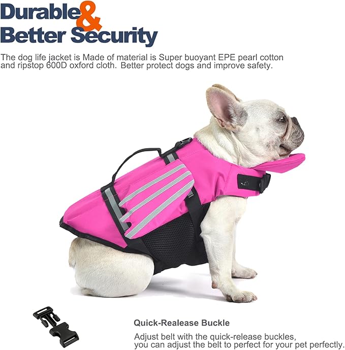 Dog Life Jacket, Cute Wings Adjustable Dog Life Vest with Chin Float and Handle for Swimming Boating Reflective High Buoyancy Swim Float Vest for Small Medium Large Dogs (Pink, L)