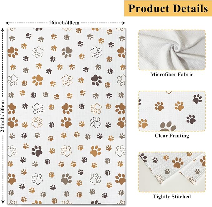Brown and White Dog Paw Print Kitchen Towels and Dishcloths Set of 2, Cute Decorative Hand Towel Drying Cloth for Bathroom, Gifts for Dog Lovers, Hostess, Women, 16x24 Inches -20