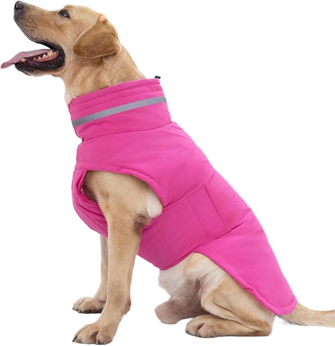 Mklhgty Waterproof Dog Coat for Large Dogs, Warm Dog Winter Jacket, Reflective Windproof Turtleneck Coats with Adjustable Hook & Loop - Pink - XL