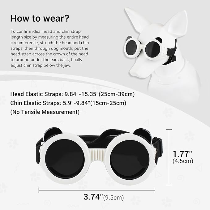 NAMSAN Dog Goggles Small Breeds, UV Protection Dog Glasses for XSmall to Small Dogs, Chihuahua Sunglases Windproof Dustproof Driving Eye Protection, Adjustable, Panda White