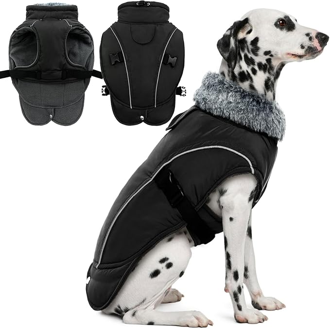 DENTRUN Winter Warm Dog Coat Reflective Jacket with Turtleneck for Cold Weather, Adjustable Buckle Windproof Water Repellent, Thick Snowsuit Fleece Vest for Small, Medium, Large Dogs, Black, XXXL