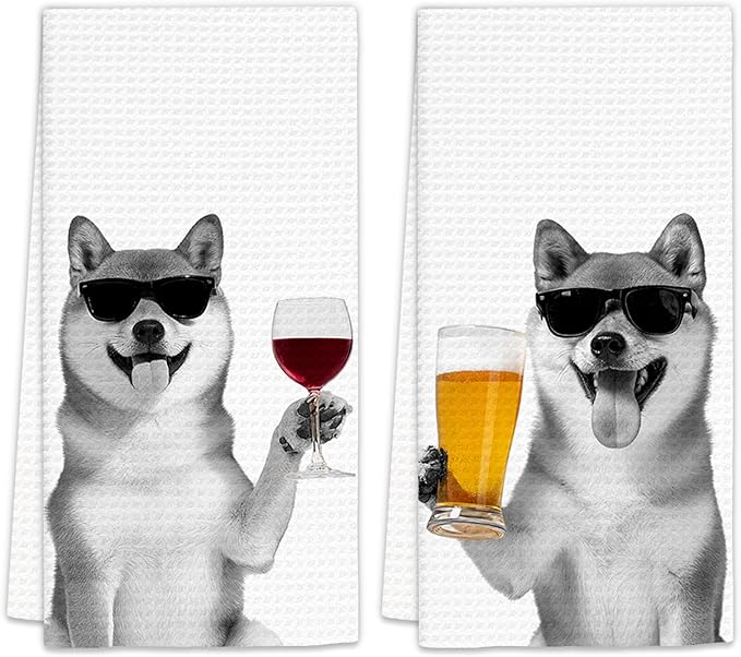 Shiba Inu Gifts Dog Wine Kitchen Towels Set of 2, Funny Dogs Beer Lover Decorative Hand Dish Towel for Kitchen Home Bar, Gift for Shiba Inu Dog Beer Wine Lovers Home Bar Decor(16x24Inch)