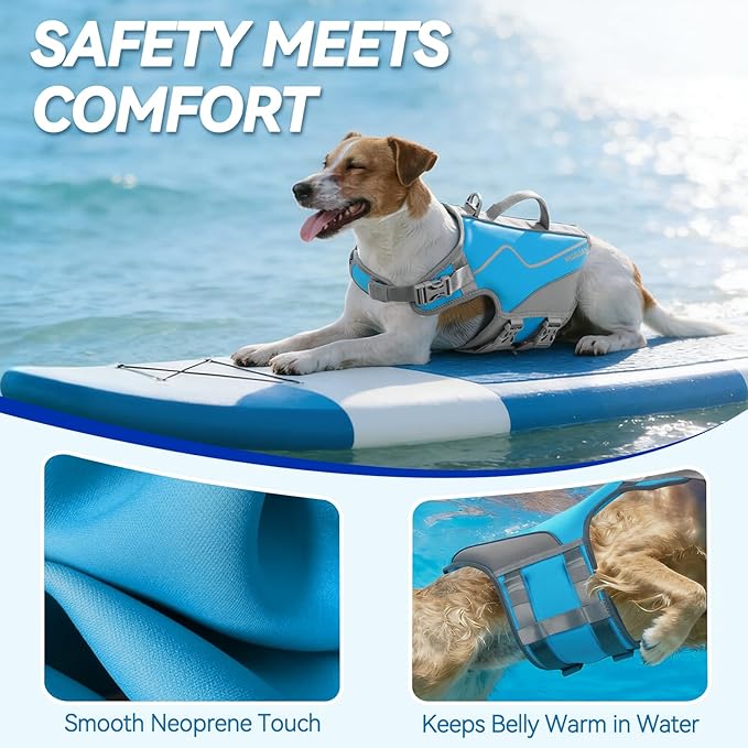 VIVAGLORY Neoprene Dog Life Vest, Dog Life Jacket for Swimming & Boating, Lightweight & Buoyancy for Puppy Doggy, Swimming Vest with Handle, M, Blue