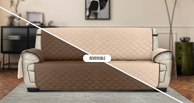 Utopia Bedding Reversible Oversized Sofa Couch Cover, Water Resistant Slipcover Furniture Protector with Foam Sticks and Elastic Straps for Kids Dogs Pets (3.5 Seater, Brown/Beige)