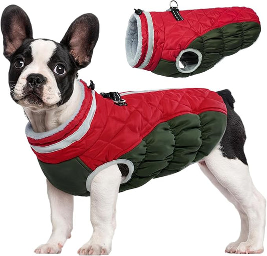 FUAMEY Dog Coat for Small Dogs,Waterproof Dog Winter Jacket with Harness Built in Puppy Cold Weather Coats Reflective Pet Vest with Zipper Warm Fleece Dogs Snowsuit Windproof S