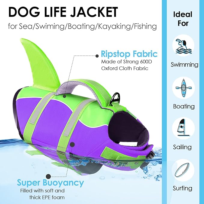 AOFITEE Dog Life Jacket, Dog Life Vest for Swimming, Shark Dogs Swimming Vest with Rescue Handle and Reflective Stripe, Ripstop Pet Float Coat Swimsuit Lifesaver Small Medium Large Dogs Green L