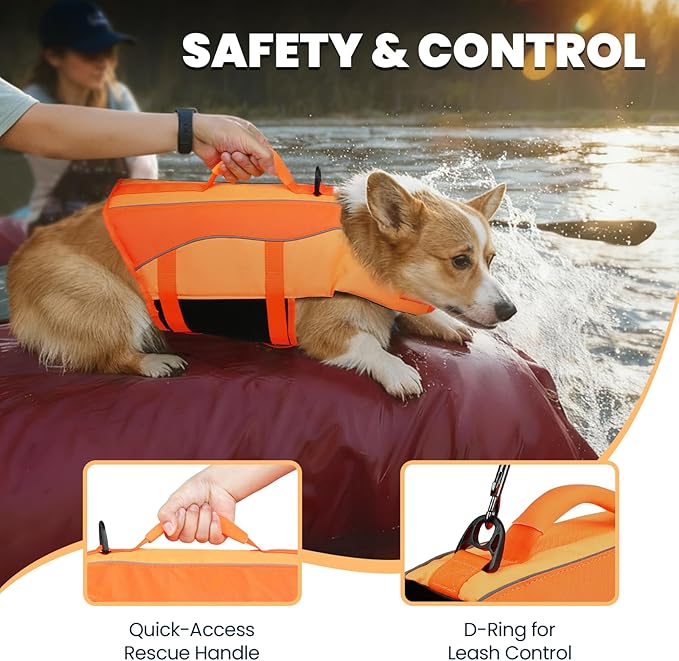 VIVAGLORY Front Float Dog Life Vest, Dog Life Jacket for Swimming & Boating, Swimming Vest with Chin Float & Handle, Ripstop & Buoyancy for Puppy Doggy, S, Dark Orange