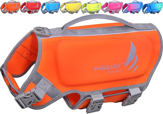 VIVAGLORY High Buoyancy Dog Life Vest, Swimming Vest with Handle, Dog Life Jacket for Swimming & Boating, Buoyancy for Puppy Doggy, S, Orange
