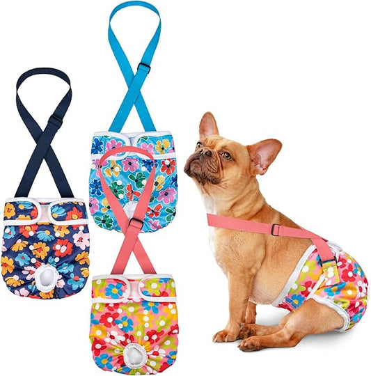 Pet Soft Dog Diapers Female with Suspenders, 3 Pack Reusable Female Dog Diapers for Heat, Dog Period Panties for Doggie in Cycle(Small, Floral)
