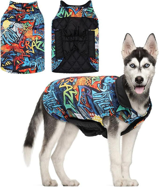 CuteBone Winter Dog Coat - Waterproof Windproof Reversible Jacket - Thick Adjustable Dog Cold Weather Coats - Soft Winter Coat with Leash Hole - Small to Large Size GMF32XL