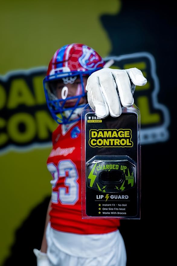 DAMAGE CONTROL Youth Football Mouth Guard – Breathable No Boil Mouthpiece, Protects Lips & Teeth, Works with Braces, Includes Helmet Strap – Sports Gear & Accessories (Charged Up)