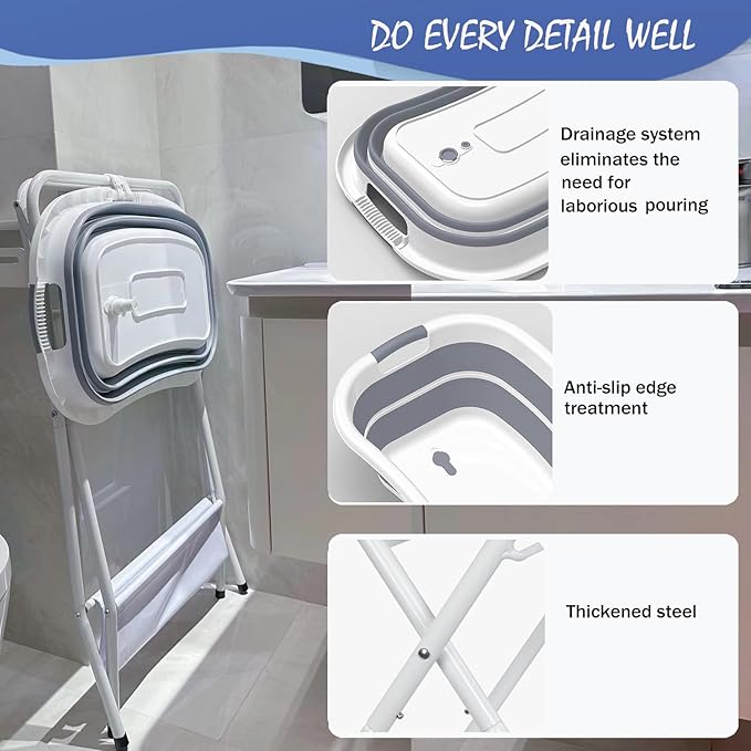 2 in 1 Elevated Dog Bath Tub & Foldable Washing Station with Stand, Portable Pet Bathtub for Small Medium Dogs & Cats, Raised Pet Shower Tub with Safety Collar & Drain Plug & Brushes
