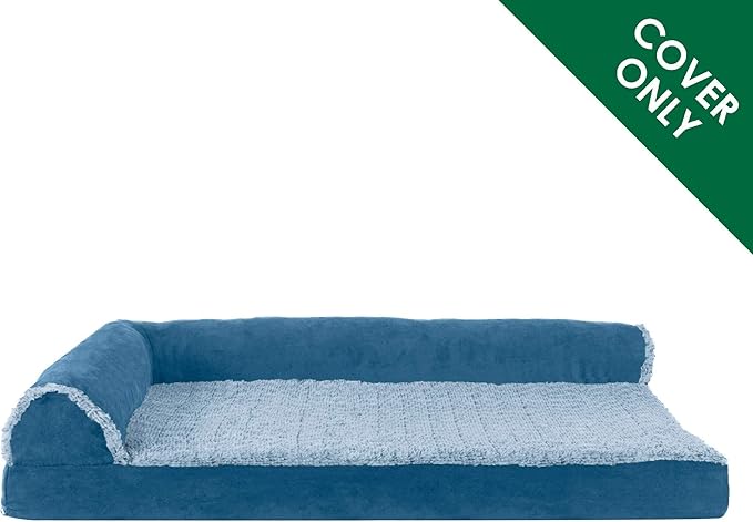 Furhaven Replacement Dog Bed Cover Two-Tone Faux Fur & Suede L Shaped Chaise, Machine Washable - Marine Blue, Jumbo Plus (XX-Large)