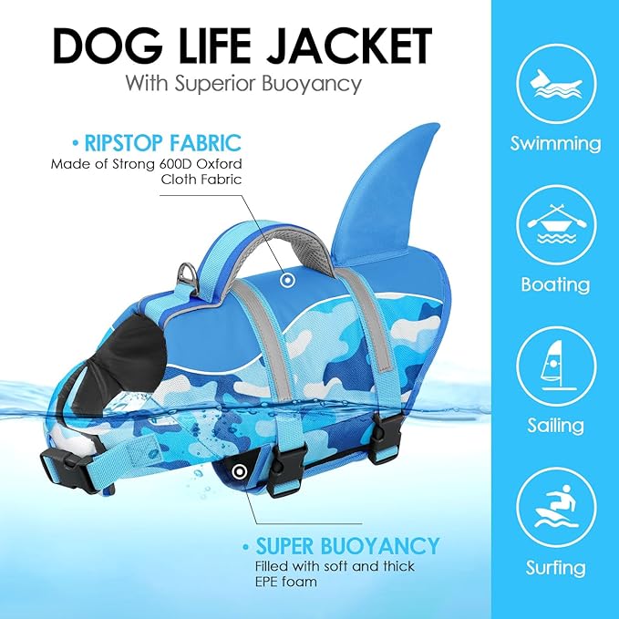 AOFITEE Dog Life Jacket, Dog Life Vest for Swimming, Reflective Puppy Safety Vest with Superior Buoyancy and Rescue Handle, Adjustable Dogs Swimsuit Float Coat for Small Dogs, Blue Camo XS
