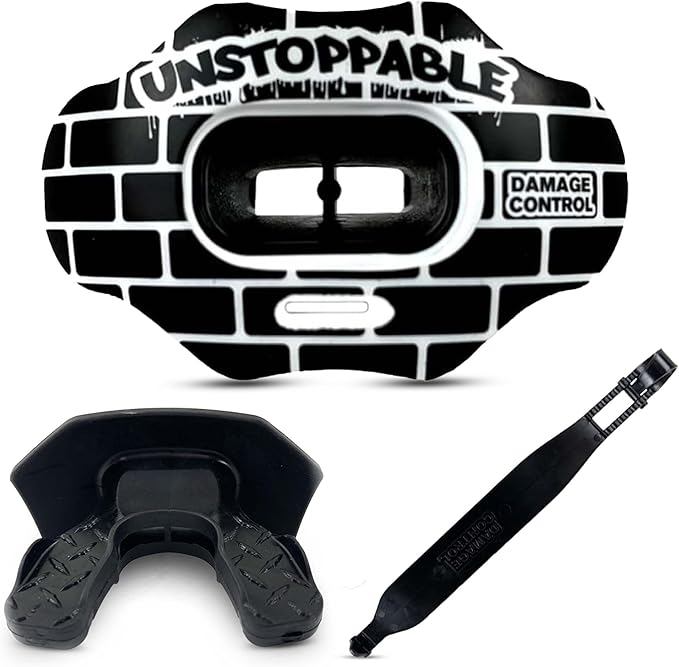 DAMAGE CONTROL Youth Football Mouth Guard – Breathable No Boil Mouthpiece, Protects Lips & Teeth, Works with Braces, Includes Helmet Strap – Sports Gear & Accessories (Unstoppable)