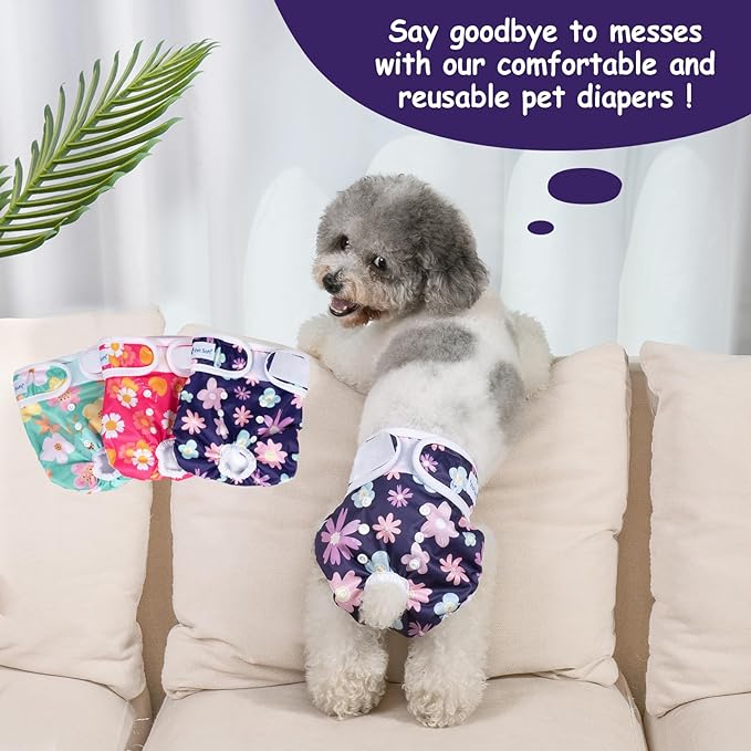 Pet Soft Washable Female Diapers (3 Pack) Female Dog Diapers, Comfort Reusable Doggy Diapers for Girl Dog in Period Heat (Bloom, L)