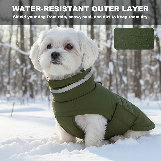Mklhgty Waterproof Dog Coat for Small Dogs, Warm Dog Winter Jacket, Reflective Windproof Turtleneck Dog Cold Weather Coats with Adjustable Hook & Loop - Green - S