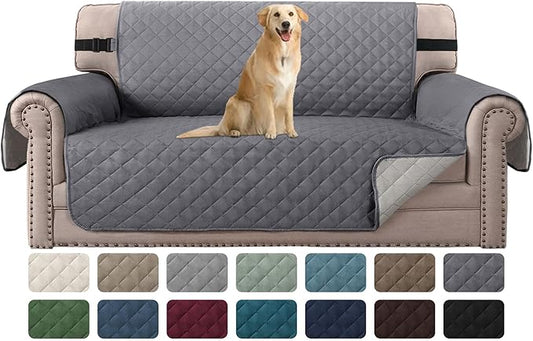 H.VERSAILTEX Loveseat Slipcover Reversible Loveseat Cover Seat Width Up to 54" Water Resistant Couch Cover with Elastic Strap Quilted Furniture Protector for Pets(Oversized Loveseat, Grey/Beige)