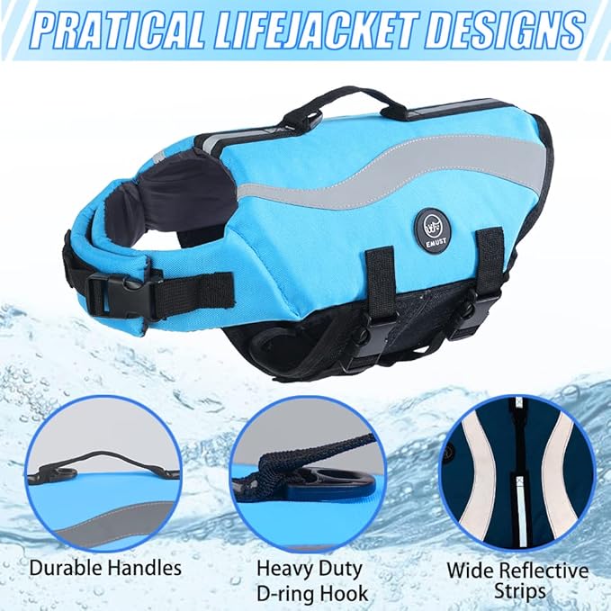 EMUST Dog Life Jacket, Ripstop Large Dog Life Vests Swimsuit for Boating/Swimming/Pool with Double Rescue Handles, Flotation Vest for Large Dogs, Blue,XXL