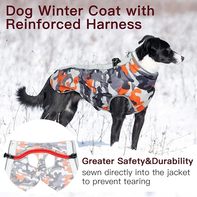 Dog Winter Coat - Large, Warm Dog Coat - Zip Up Snowsuit - Reflective, Water-Resistant - Orange-Camouflage