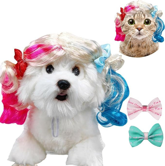 Funny Dog Wig Pet Costumes, Cat Costume Synthetic Hairpiece Cosplay Wigs, Headwear for Halloween Christmas Festivals Party Decor, Fancy Dress,Adjustbale Size,20CM Half Pink Half Blue